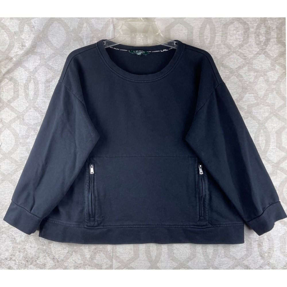 Lauren Ralph Lauren Sweatshirt Womens L Black Zipper Pocket Cotton Pullover